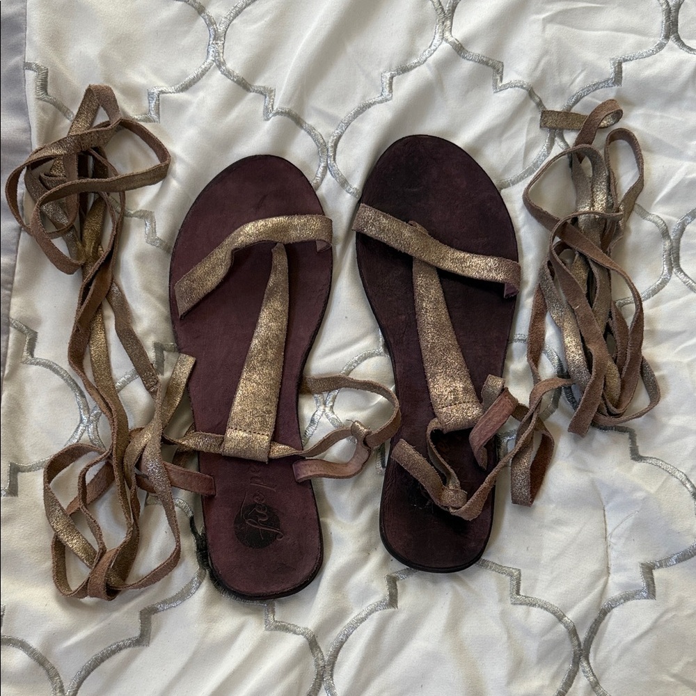 Free People Brown and Gold Strappy Sandals